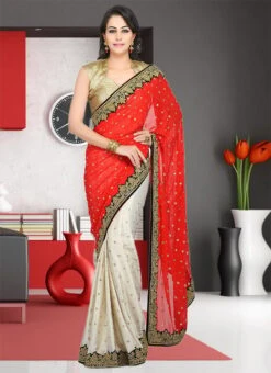 Red And White Georgette Hand Work Half N Half Saree Party Wear -C Bazaar Shop red and white georgette hand work half n half saree sadsf4862 u