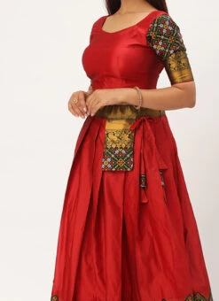 Red Art Silk Benarasi Jacquard A Line Lehenga Festive Wear