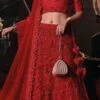 Red Art Silk Embroidered And Beads Umbrella Lehenga Wedding Wear