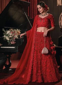 Red Art Silk Embroidered And Beads Umbrella Lehenga Wedding Wear -C Bazaar Shop red art silk embroidered and beads umbrella lehenga ghska47036812 u