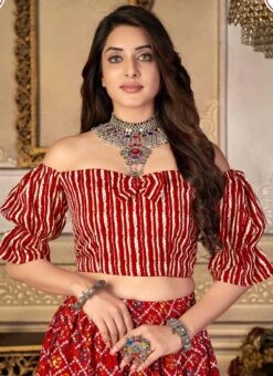 Red Bandhini Print Silk Umbrella Lehenga Party Wear -C Bazaar Shop red bandhini print silk umbrella lehenga ghska4645301 b