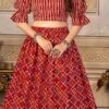 Red Bandhini Print Silk Umbrella Lehenga Party Wear