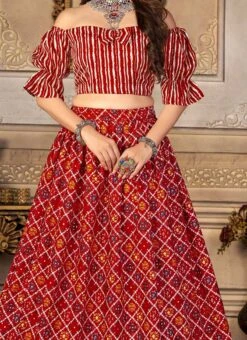 Red Bandhini Print Silk Umbrella Lehenga Party Wear