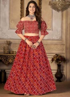 Red Bandhini Print Silk Umbrella Lehenga Party Wear -C Bazaar Shop red bandhini print silk umbrella lehenga ghska4645301 u