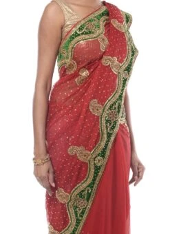 Red Chiffon Embellished Border Saree Party Wear