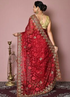 Red Color Tissue Brasso Hand Embroidery Stone Work Saree Party Wear 7 Red Color Tissue Brasso Hand Embroidery Stone Work Saree Party Wear -C Bazaar Shop red color tissue brasso hand embroidery stone work saree sadsf4907 b