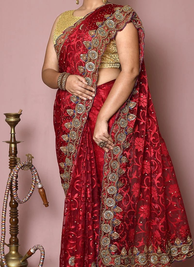 Red Color Tissue Brasso Hand Embroidery Stone Work Saree Party Wear 1 Red Color Tissue Brasso Hand Embroidery Stone Work Saree Party Wear