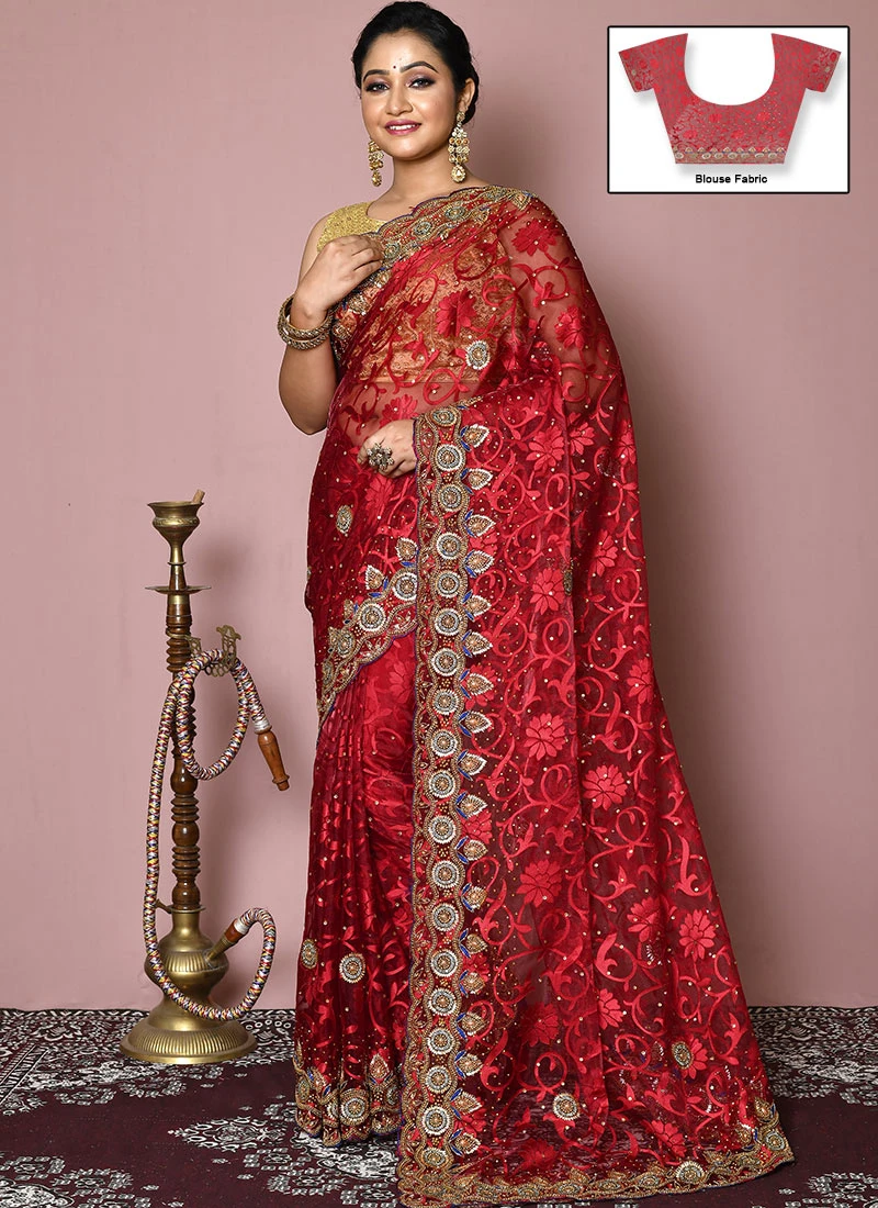Red Color Tissue Brasso Hand Embroidery Stone Work Saree Party Wear 3 Red Color Tissue Brasso Hand Embroidery Stone Work Saree Party Wear - Image 3