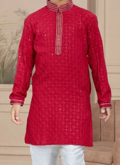 Red Cotton Embroidered Kurta Pyjama For Boys Festive Wear