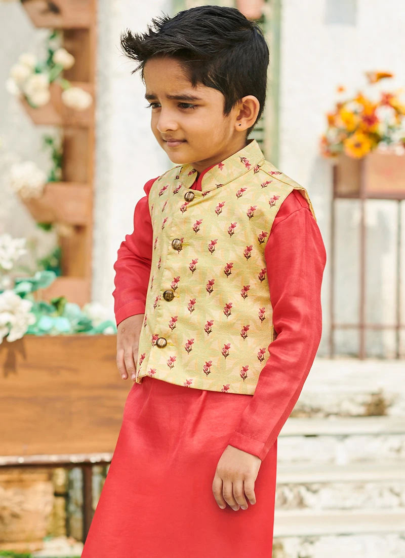 Red Cotton Silk Boys Kurta Pyjama 3 Red Cotton Silk Boys Kurta Pyjama - Image 3