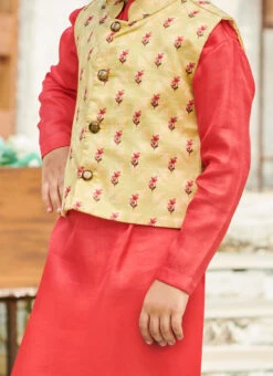 Red Cotton Silk Boys Kurta Pyjama