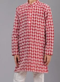 Red Cotton Silk Embroidered Kurta Pyjama Party Wear