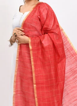 Red Cotton Slub Weaving Work Dupatta Work Wear
