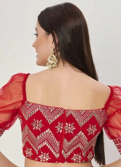 Red Embroidered Zero Shoulder Neckline Blouse Wedding Wear -C Bazaar Shop red embroidered zero shoulder neckline blouse BLBS02307593 b