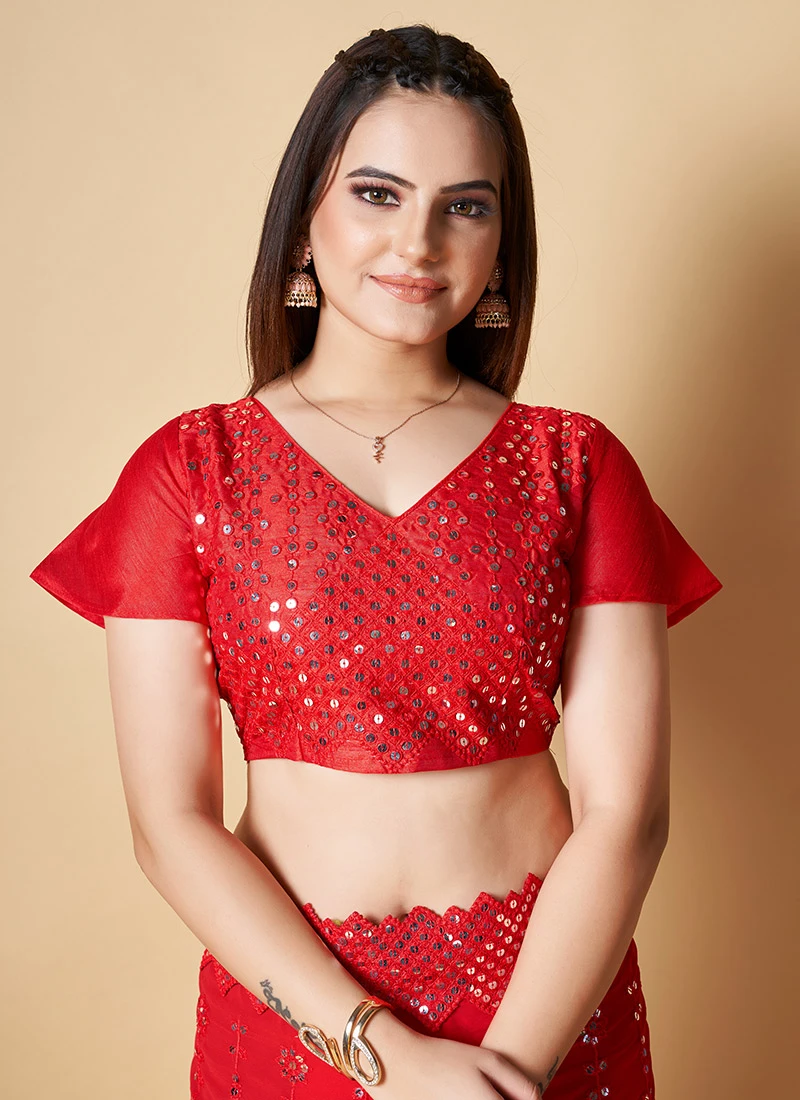 Red Georgette Embroidered Work Saree Party Wear 4 Red Georgette Embroidered Work Saree Party Wear - Image 4