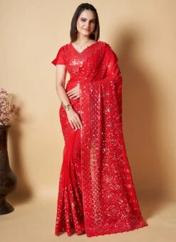 Red Georgette Embroidered Work Saree Party Wear 6 Red Georgette Embroidered Work Saree Party Wear -C Bazaar Shop red georgette embroidered work saree sasacw4943 u
