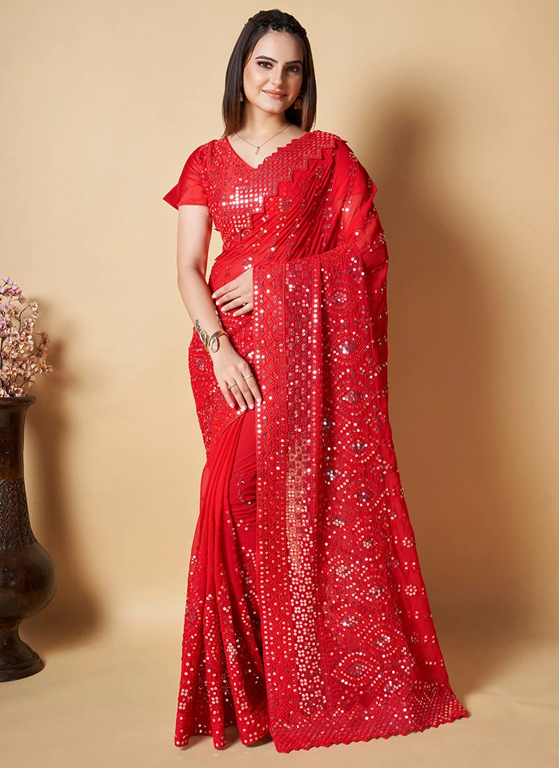 Red Georgette Embroidered Work Saree Party Wear 3 Red Georgette Embroidered Work Saree Party Wear - Image 3