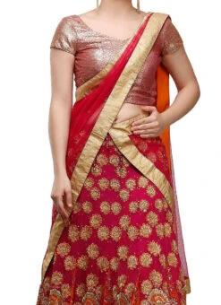 Red Georgette Zari Embroidery Umbrella Lehenga Wedding Wear