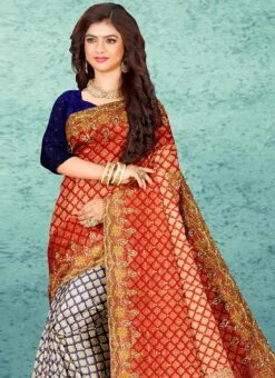 Red Kanjeevaram Silk Hand Embroidery Half N Half Saree Festive Wear -C Bazaar Shop red kanjeevaram silk hand embroidery half n half saree sadsf4738 b