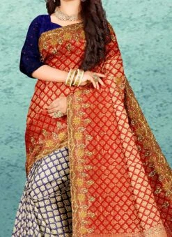 Red Kanjeevaram Silk Hand Embroidery Half N Half Saree Festive Wear