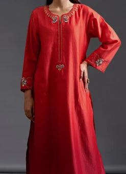 Red Maroon Pure Chanderi Silk Embroidered Kurta Semi Palazzo Set Party Wear