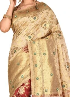 Maroon N Beige Kancheepuram Art Silk Half N Half S Party Wear