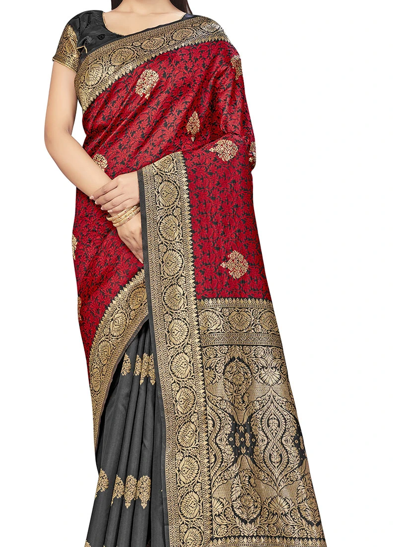 Red N Black Banarasi Silk Zari Work Saree Festive Wear 1 Red N Black Banarasi Silk Zari Work Saree Festive Wear