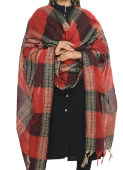Red N Black Handloom Cotton Weaving Work Dupatta Work Wear