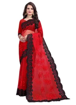 Red N Black Net Embroidered Stone Work Saree Festive Wear -C Bazaar Shop red n black net embroidered stone work saree sasstsktcrs8224 u