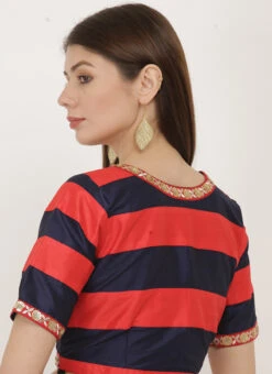 Red N Blue Art Dupion Silk Printed Blouse Festive Wear -C Bazaar Shop red n blue art dupion silk printed blouse bldiw19 b