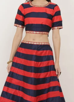 Red N Blue Art Dupion Silk Printed Umbrella Lehenga Party Wear