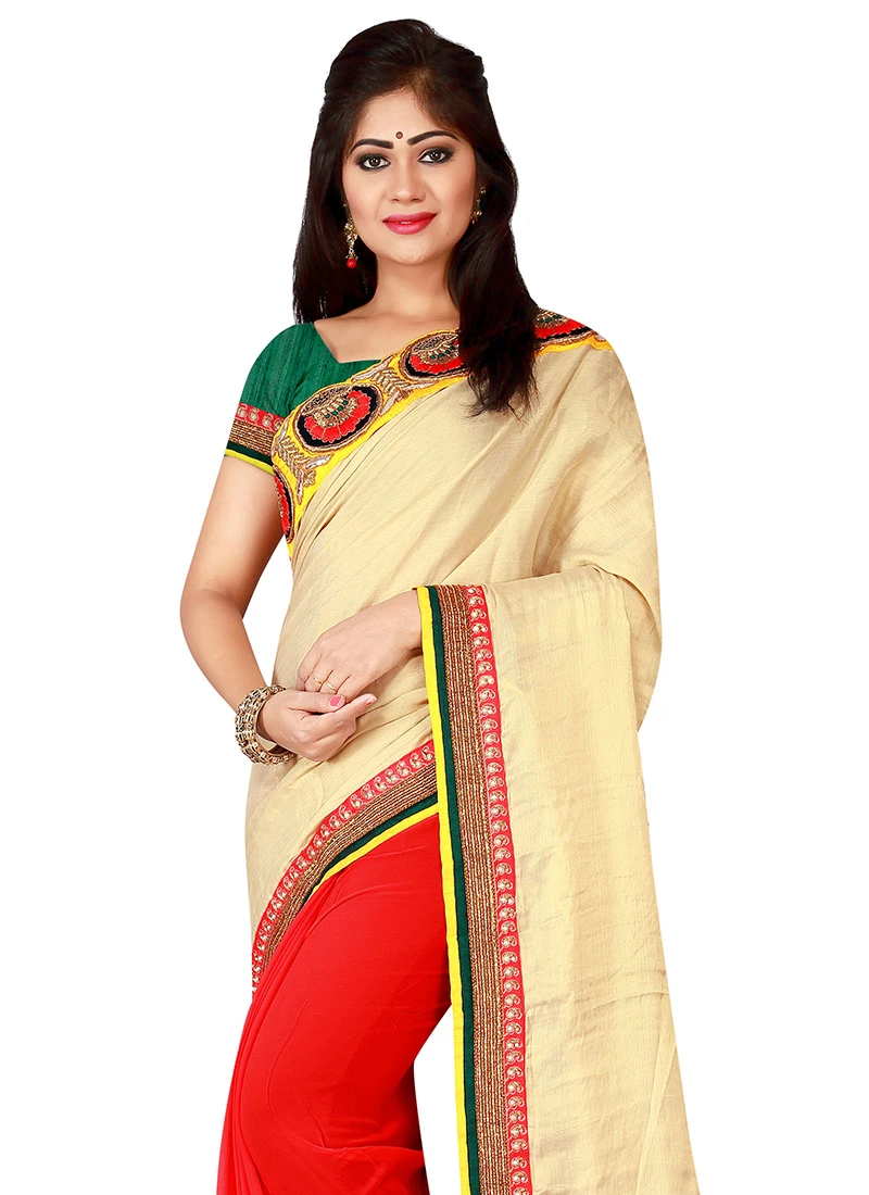 Red N Cream Half N Half Saree Party Wear 4 Red N Cream Half N Half Saree Party Wear - Image 4