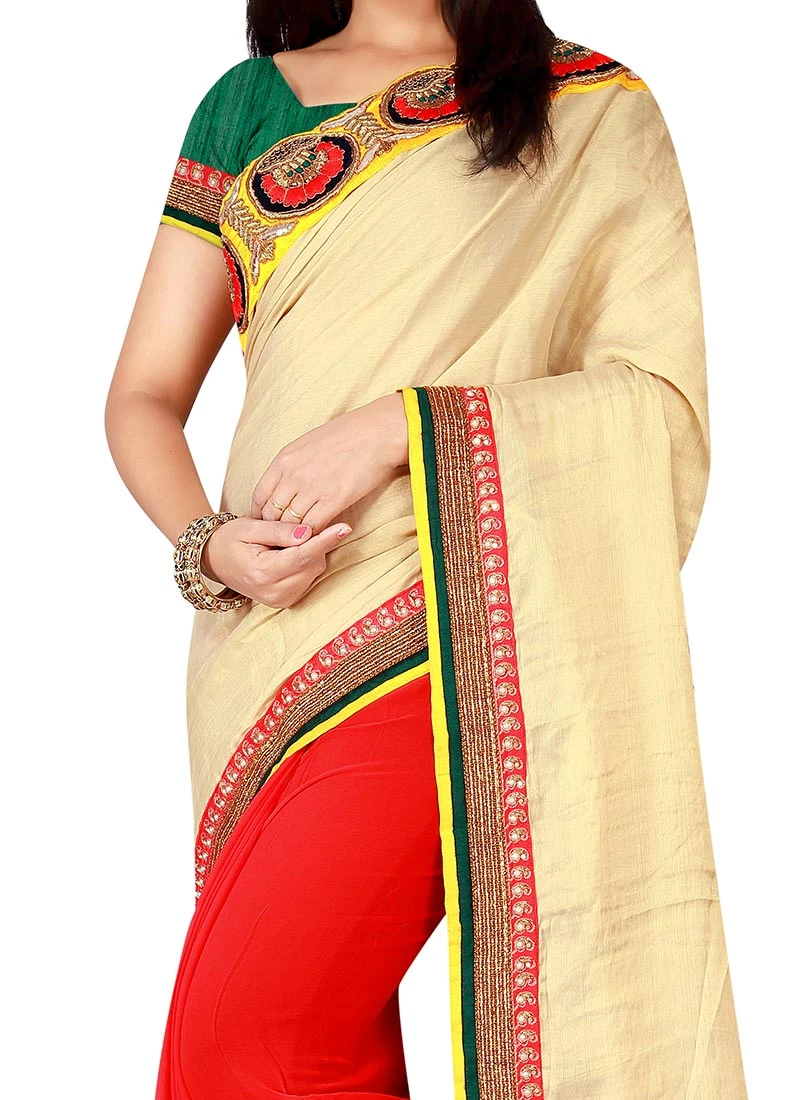 Red N Cream Half N Half Saree Party Wear 1 Red N Cream Half N Half Saree Party Wear