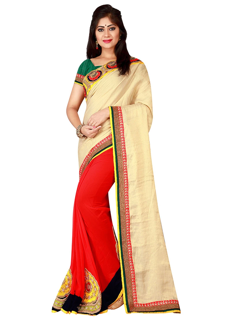 Red N Cream Half N Half Saree Party Wear 3 Red N Cream Half N Half Saree Party Wear - Image 3