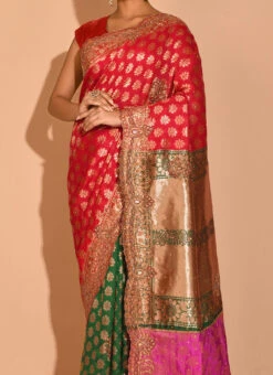 Red N Green Kanjeevaram Silk Hand Work Half N Half Saree Festive Wear