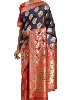 Red N Navy Blue Banarasi Silk Zari Work Saree Festive Wear