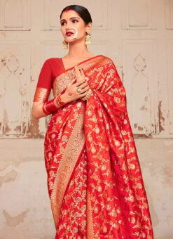 Red N Orange Dola Silk Zari Work Saree Festive Wear -C Bazaar Shop red n orange dola silk zari work saree samam1513 b