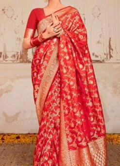 Red N Orange Dola Silk Zari Work Saree Festive Wear
