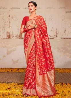 Red N Orange Dola Silk Zari Work Saree Festive Wear -C Bazaar Shop red n orange dola silk zari work saree samam1513 u