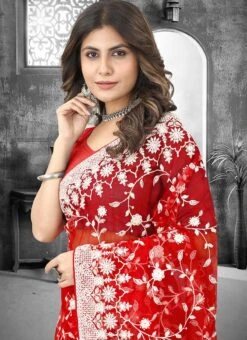 Red Net Embroidered Saree Party Wear -C Bazaar Shop red net embroidered saree sasun1931 b