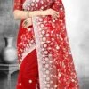 Red Net Embroidered Saree Party Wear