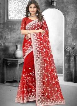 Red Net Embroidered Saree Party Wear -C Bazaar Shop red net embroidered saree sasun1931 u