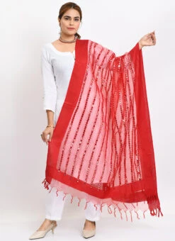Red Organza Cotton Mirror Embroidery Dupatta Work Wear -C Bazaar Shop red organza cotton mirror embroidery dupatta dpdmimfd133 u