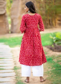 Red Pure Cotton Hand Block Printed Kurta Semi Palazzo Set After Six Wear -C Bazaar Shop red pure cotton hand block printed kurta semi palazzo set krsjbp2022a2113b b