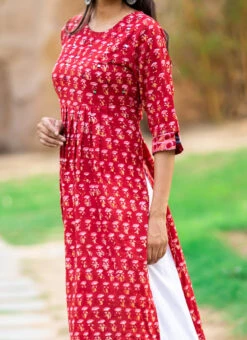 Red Pure Cotton Hand Block Printed Kurta Semi Palazzo Set After Six Wear
