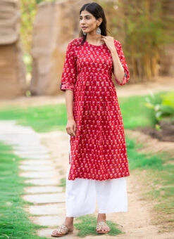 Red Pure Cotton Hand Block Printed Kurta Semi Palazzo Set After Six Wear -C Bazaar Shop red pure cotton hand block printed kurta semi palazzo set krsjbp2022a2113b u