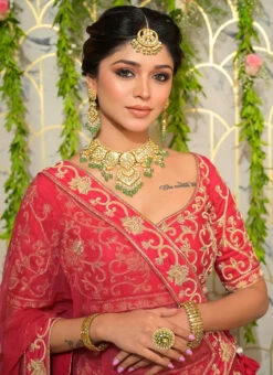 Red Pure Raw Silk Hand Embroidered Umbrella Lehenga Choli Wedding Wear -C Bazaar Shop red pure raw silk hand embroidered umbrella lehenga choli ghmca037 b