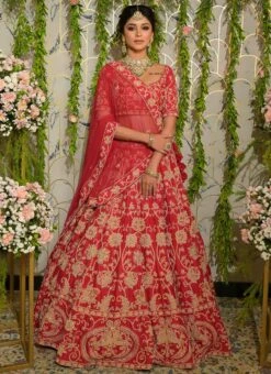 Red Pure Raw Silk Hand Embroidered Umbrella Lehenga Choli Wedding Wear -C Bazaar Shop red pure raw silk hand embroidered umbrella lehenga choli ghmca037 u