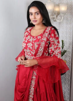 Red Pure Silk Hand Work A Line Lehenga Party Wear -C Bazaar Shop red pure silk hand work a line lehenga ghksg3975 b