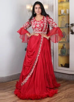 Red Pure Silk Hand Work A Line Lehenga Party Wear -C Bazaar Shop red pure silk hand work a line lehenga ghksg3975 u
